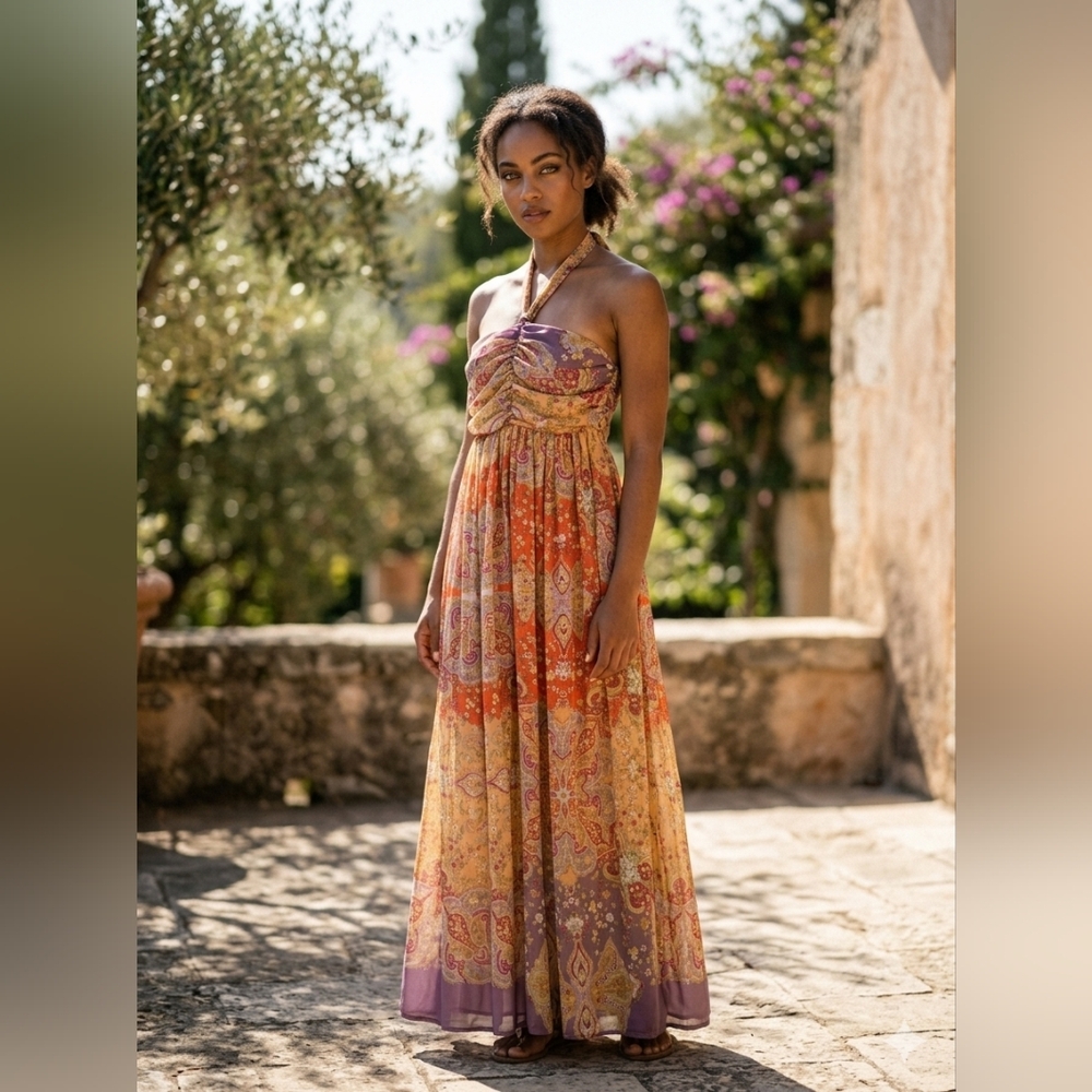 Lovestitch Women's Boho Haltered Free Flowy Floral Maxi Dress  Size M